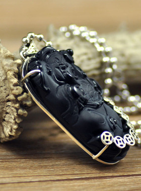 纯银镶嵌天然黑曜石毛衣链吊坠