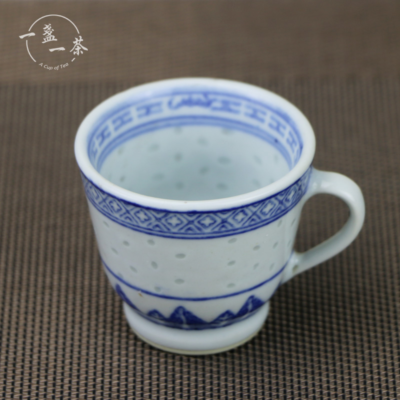 景德镇高温陶瓷茶具七十年代老厂货青花玲珑耳杯茶杯品茗杯单杯 - 图0