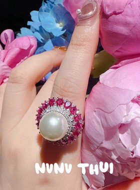 珠宝 复古山茶花红宝石花藤项链 宴会高定 玫瑰花锆石耳环 套装