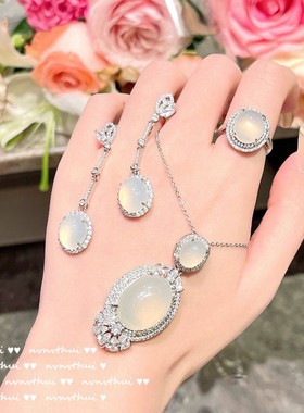 辛德瑞拉水沫玉鸽子蛋手捧花蛋形宝石项链 强荧光镀18K金耳环套装