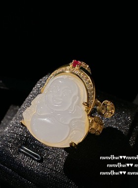 新中式马料白玉髓佛公戒指 水灵 玉髓弥勒佛项链 饰品 套装