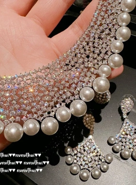 意大利复古花瓣满天星宝石项链 Vintage镀18K金 扇形锆石贝珠耳环