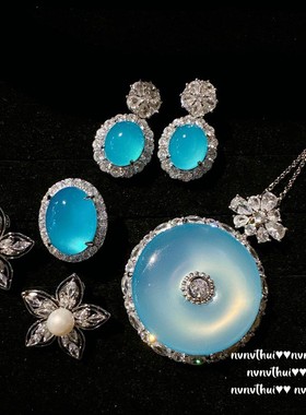 土耳其蓝玉髓平安扣宝石项链 水灵 镀18K金 玉髓花朵锆石耳环饰品