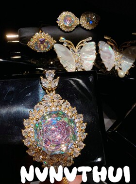 珠宝 花珀随形6克拉玫瑰切宝石吊坠项链 宴会高定 水滴大钻石耳环