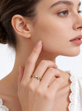 灵犀S925镀金叶子澳宝女士戒指