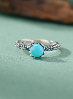 山予棠绿松石S925纯银麦穗圆珠复古个性可调节银戒指
