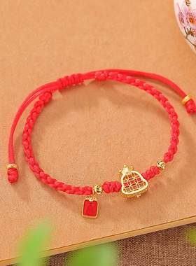 山予棠S925纯银镀金和田玉蛇手绳原创手工红绳编织设计福字银手链