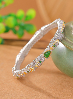 山予棠S925纯银分色翡翠葫芦竹叶镂空新中式轻奢时尚设计感银手镯