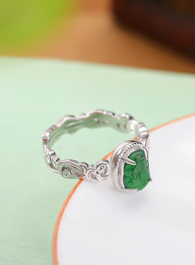 山予棠S925纯银翡翠复古新中式唐草纹镂空貔貅戒指国风雕刻银指环