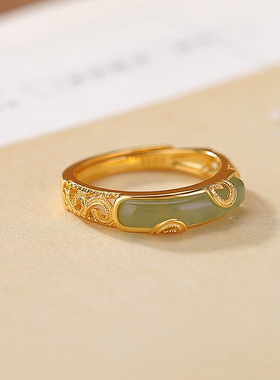 山予棠天然和田玉S925纯银镀金青玉唐草纹镂空新中式戒指
