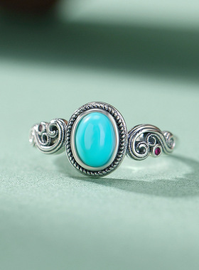 山予棠S925纯银绿松石戒指复古做旧祥云纹民族风蛋面国潮个性指环