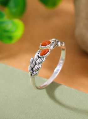 山予棠S925纯银南红和田玉碧玉复古做旧麦穗戒指岁岁平安气质指环