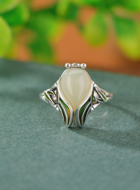 山予棠S925纯银和田玉国潮珐琅金蝉竹叶戒指新中式民族风知了指环