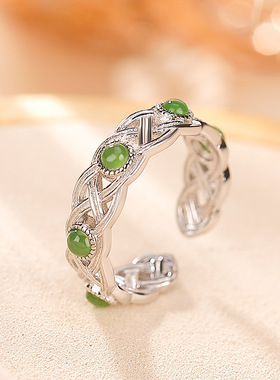 山予棠S925纯银镀金和田玉碧玉镂空花编戒指时尚个性圆形开口指环