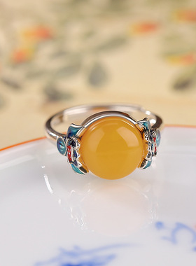 山予棠S925纯银蜜蜡国潮景泰蓝莲花蛋面戒指好运连连珐琅开口指环