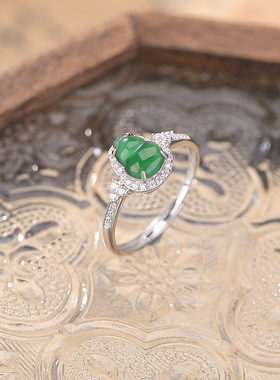 山予棠925纯银绿翡翠葫芦镶边锆石复古气质文艺百搭精致轻奢戒指