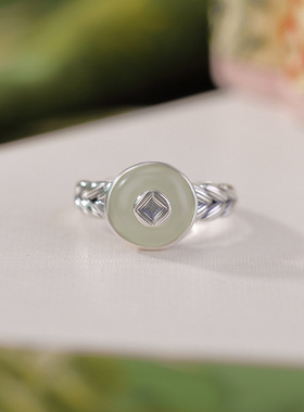 山予棠S925纯银天然和田玉晴水玉平安扣戒指复古做旧麦穗开口指环