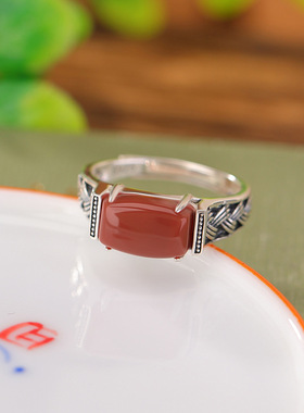山予棠S925纯银南红复古做旧编织花纹方形马鞍戒指国潮民族风指环