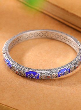 山予棠S925纯银南红和田玉复古做旧烧蓝繁花似锦无事牌手镯银手环