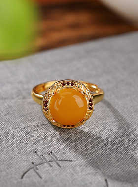 山予棠S925纯银镀金蜜蜡老蜡复古吉祥如意圆形戒指蛋面百搭银指环