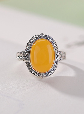 山予棠S925纯银蜜蜡蛋面麦穗大气民族风椭圆复古个性戒指开口指环