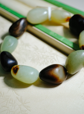 【一物一图】新疆黑皮籽料和田玉随形手串～17手围～颗颗独籽