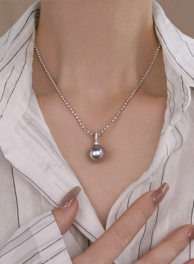 925纯银真多麻灰珠珠项链女生2025新款爆款万能扣吊坠锁骨链配饰