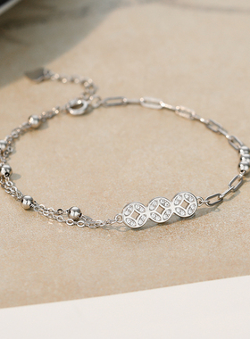 925纯银铜钱手链女小众设计感