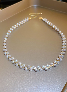 真金电镀水晶珍珠锁骨链