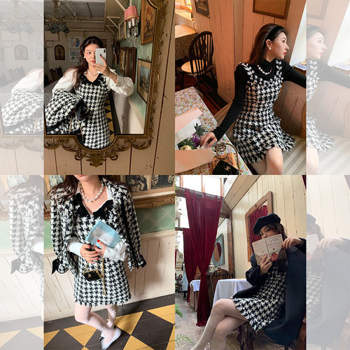 F boutique【断码清仓】奥黛丽羊毛编织千鸟格小香风套装女秋冬 - 图1