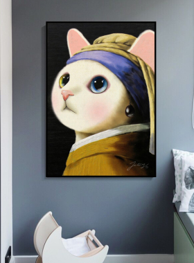北欧风格卧室戴耳环的猫咪装饰画