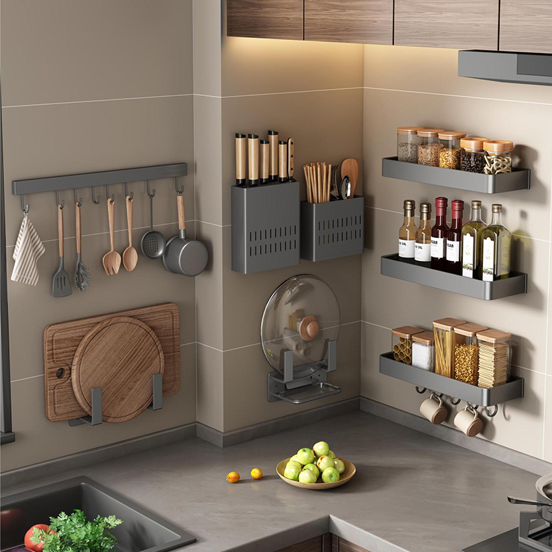 枪灰色厨房置物架调味料架壁挂刀架用品大全多功能收纳架子免打孔 - 图0