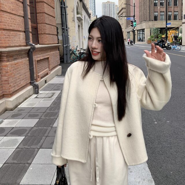 大眼LARGE EYE 小个子牛角扣双面羊毛大衣女短款保暖百搭版型超好