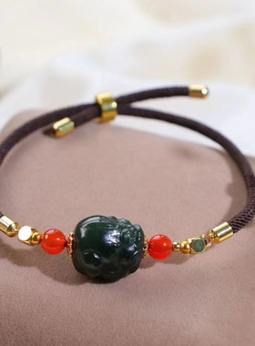 佛头醒狮财神手链碧玉南红珍珠配