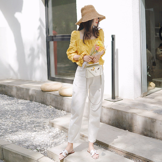 Vacation goose yellow puff sleeves holiday light yellow