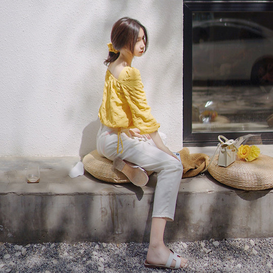 Vacation goose yellow puff sleeves holiday light yellow