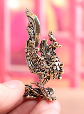 纯黄铜凤凰祥云底座展翅凤凰复古老物件装饰桌面茶宠工艺品铜摆件