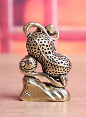 黄铜花生如意摆件办公室家居创意工艺品复古纯黄铜桌面摆件跨境