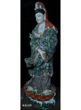 手绘古彩观音菩萨供奉佛像陶瓷摆件站莲净瓶柳枝观世音保平安63CM