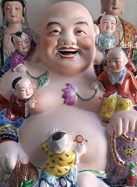 彩绘五子登科佛弥勒佛像陶瓷笑佛多子大肚佛招财家居供奉摆件12寸