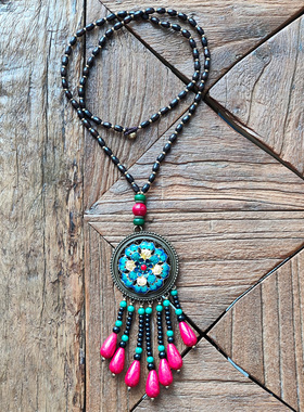 民族风特色毛衣链流苏景泰蓝挂件