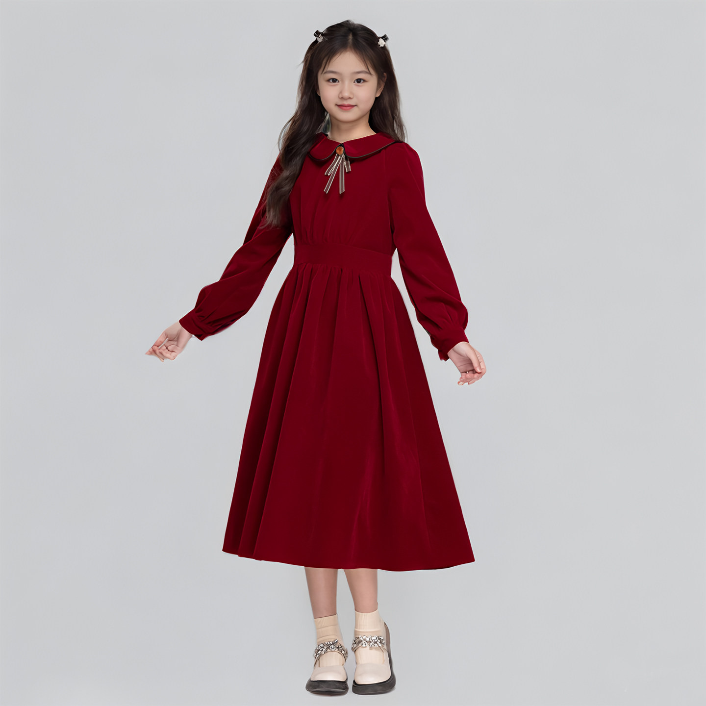 女童红色新年连衣裙冬季高级感气质收腰公主裙韩版中大童加绒裙子,淘宝优惠券,粉丝福利购,淘宝优惠卷