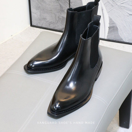 优100设计师款烟筒切尔西靴英伦尖头商务休闲男士真皮短靴手工鞋 - 图0