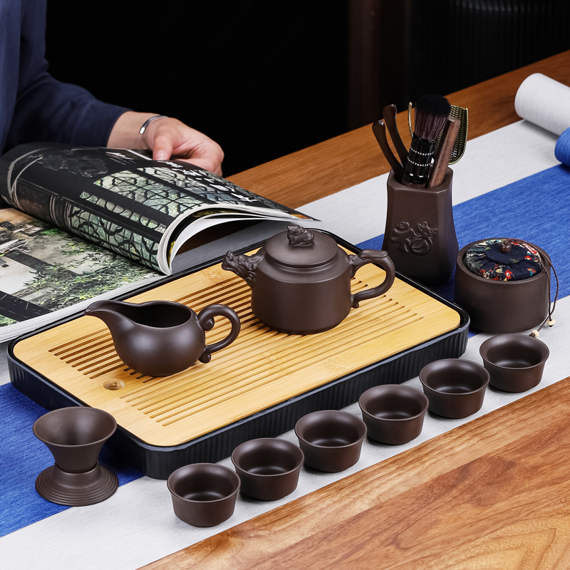 紫砂旅行陶瓷功夫茶具小套装便携包家用泡茶壶杯简约办公户外茶盘 - 图0