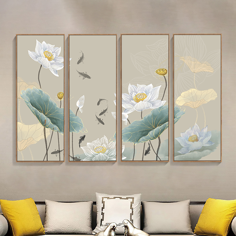 中式荷花装饰画新中式客厅沙发背景墙挂画四联壁画禅意中国风水墨-图0