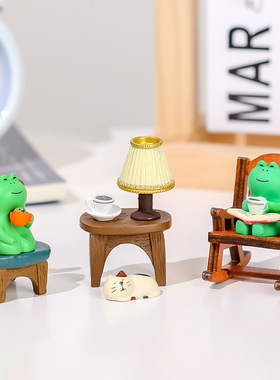 “悠哉喝咖啡的青蛙”治愈迷你桌面摆件可爱车载装饰日式卡通客厅