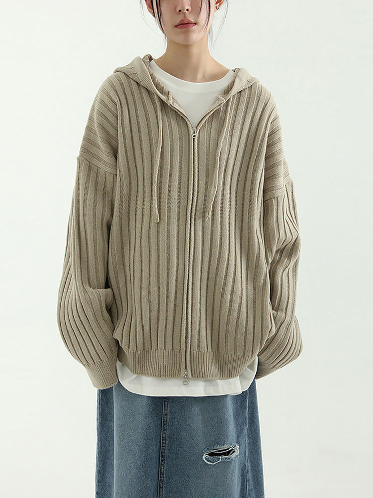 韩国代购23 oversize golgi knit hood zip-up 竖纹针织拉链帽衫 - 图1