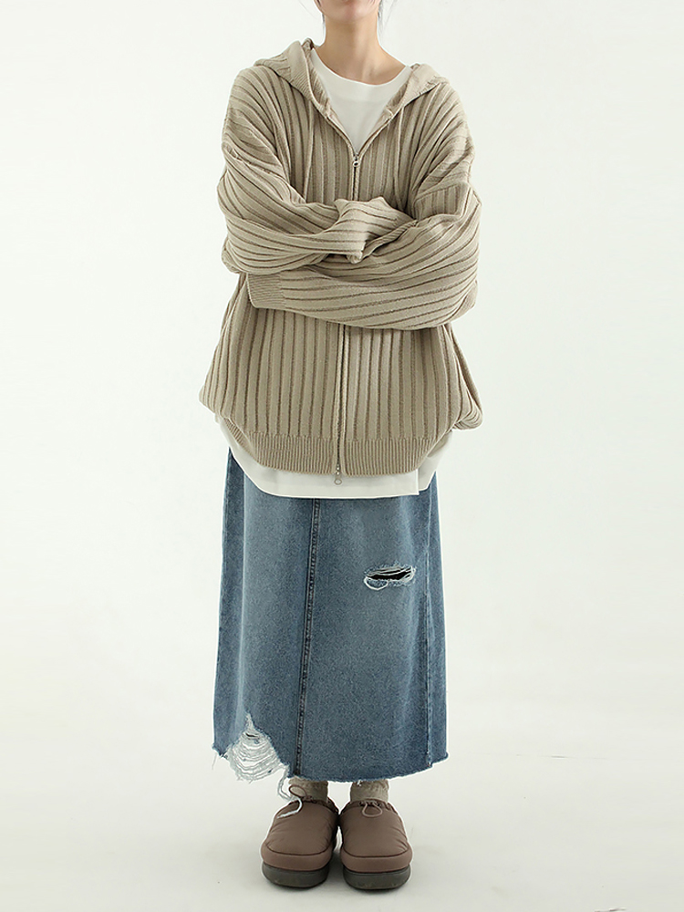 韩国代购23 oversize golgi knit hood zip-up 竖纹针织拉链帽衫 - 图2