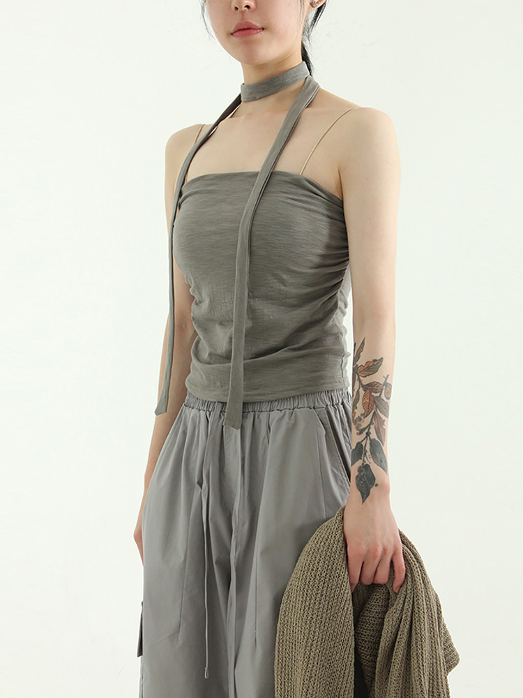 韩国代购23S/S string neck shirring tube top 吊带围巾组合内搭 - 图0