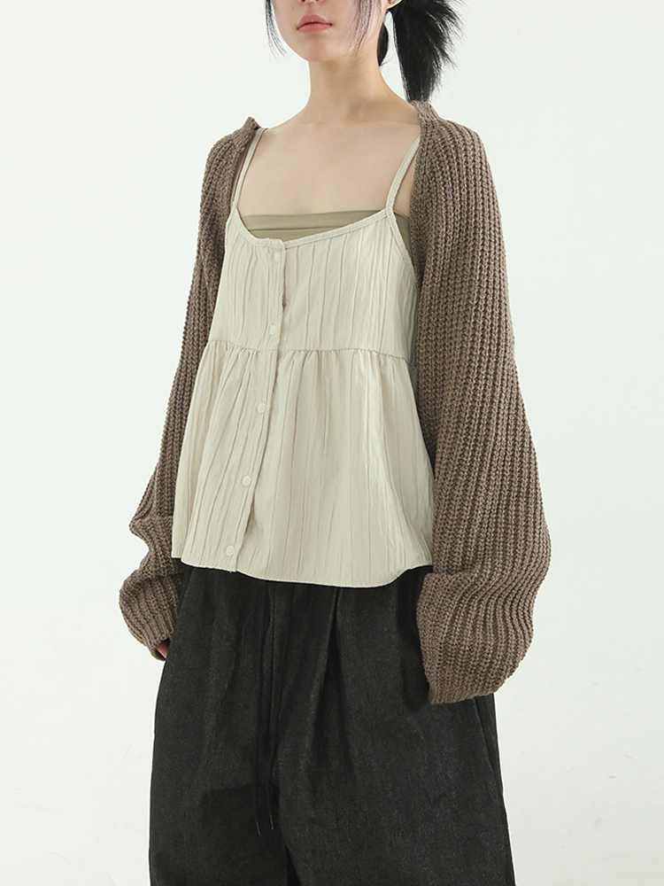 韩国代购23F/W pleated flare sleeveless top 褶皱系扣吊带上衣 - 图1